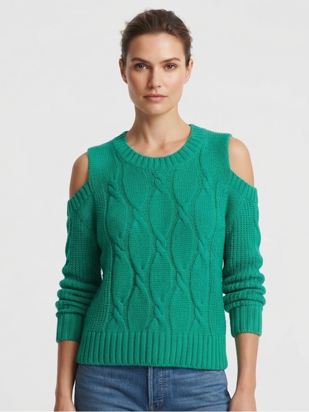 RD Style Green Cable-Knit Cold-Shoulder Sweater - Women's